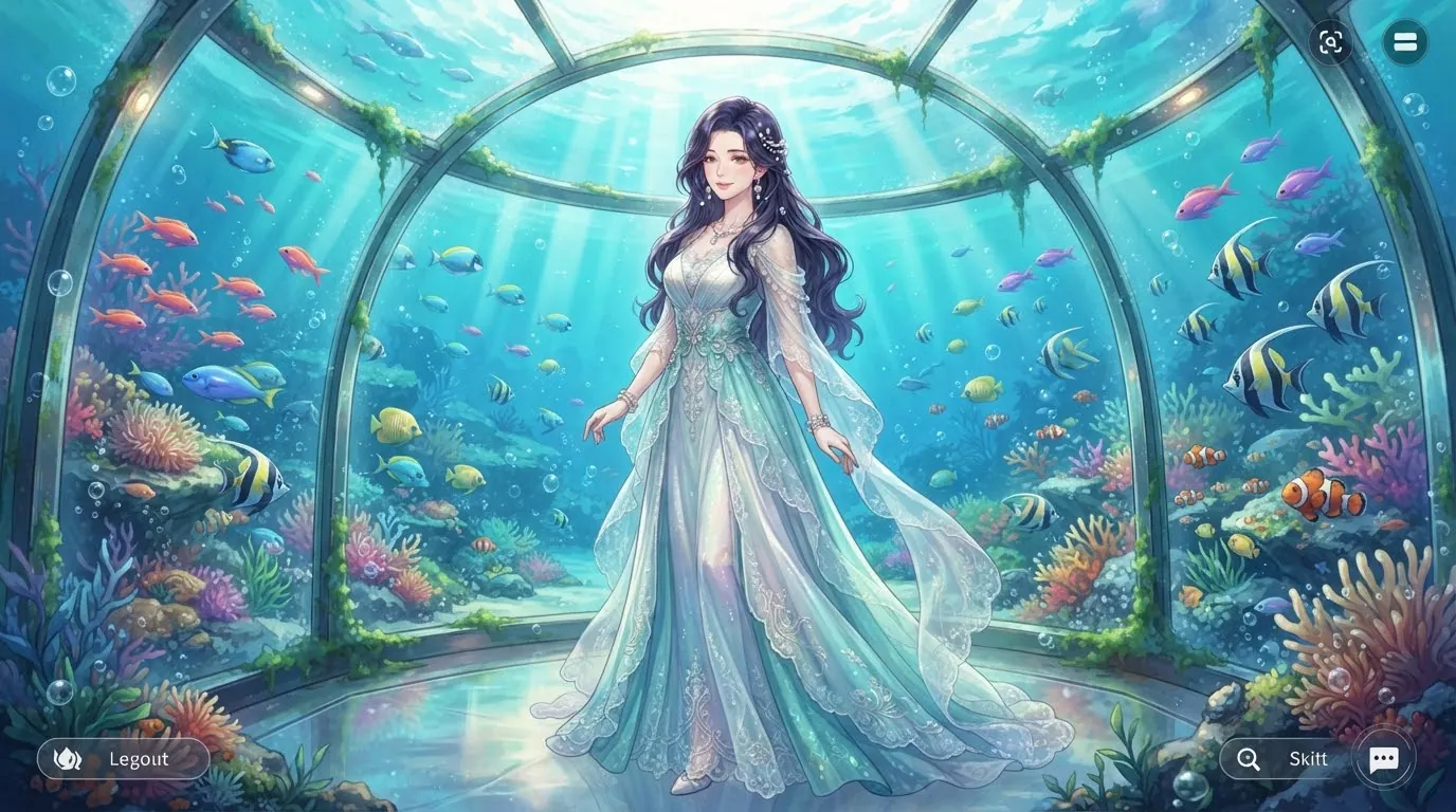 珍珠色长裙女子站在海底玻璃回廊中，周围是珊瑚与鱼群